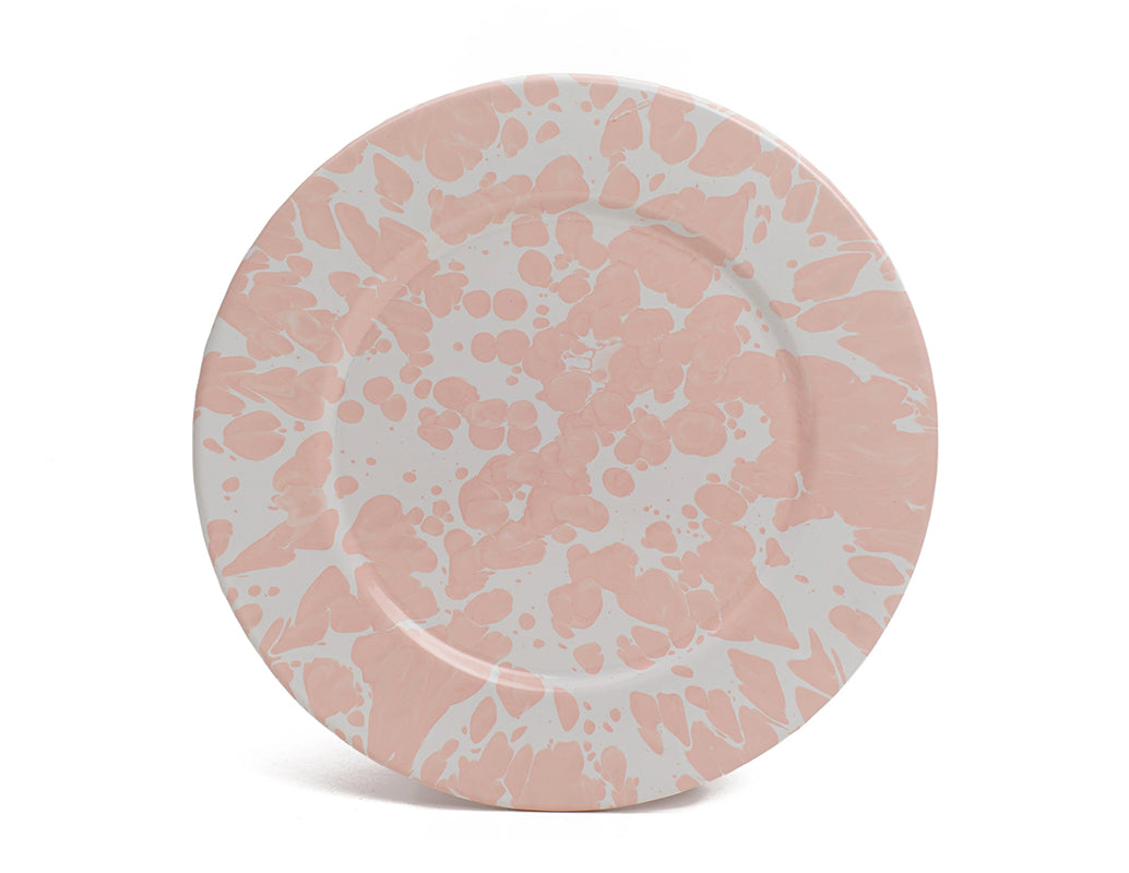 Plato trinche 24 cm de peltre blanco con manchas rosas sin bordes