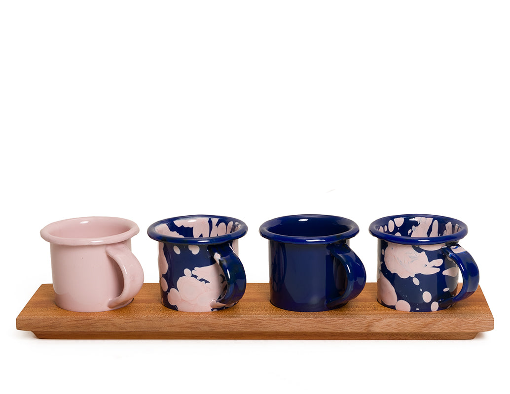 Set mezcalero azul y rosa con base de madera