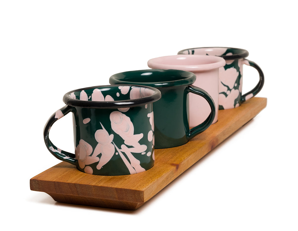 Set mezcalero verde y rosa con base de madera