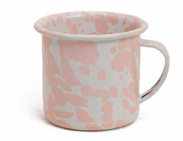 Taza de mesa de peltre blanco con manchas rosa sin bordes