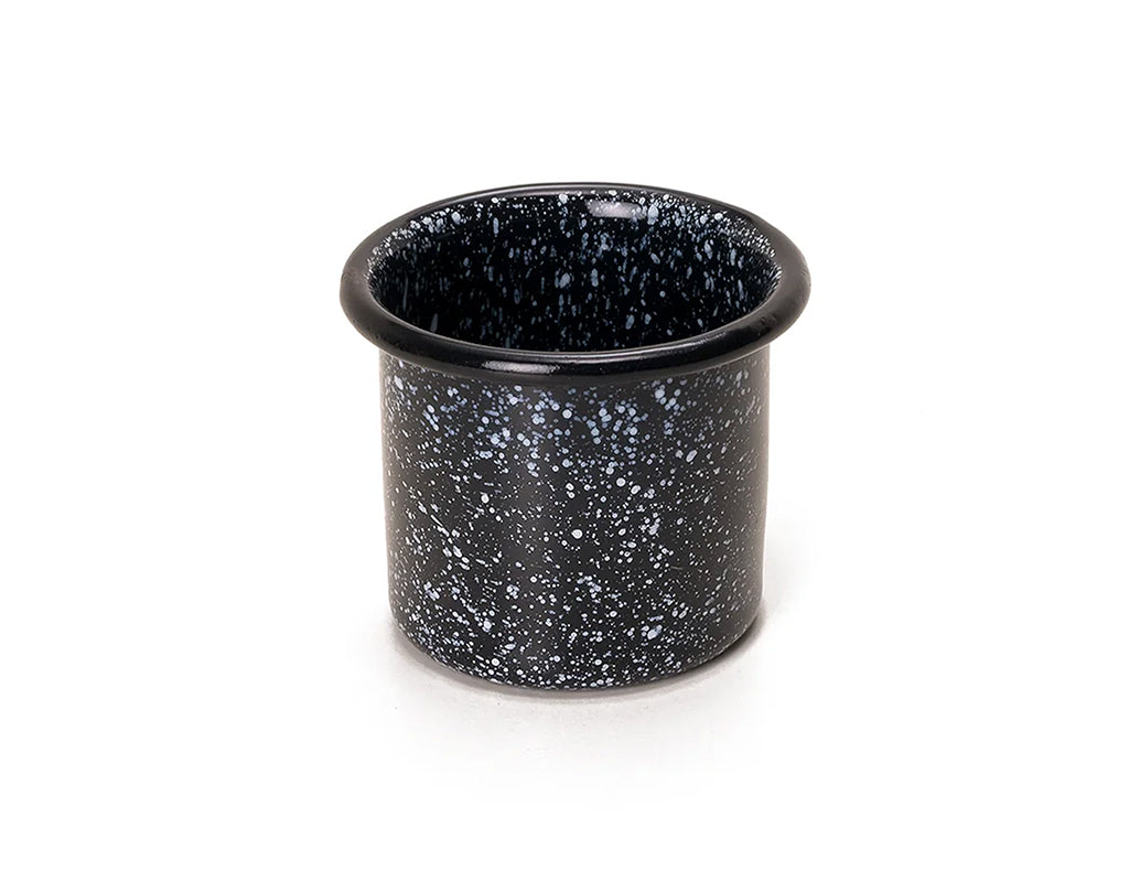 Tequilero de peltre negro salpicado blanco con borde negro