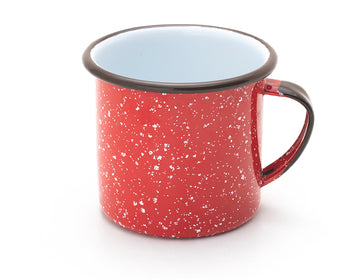 Taza de mesa de peltre rojo nevado con interior blanco y borde negro